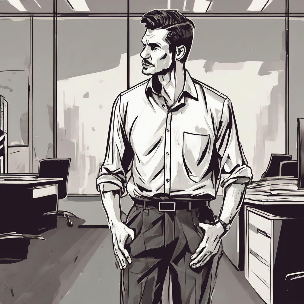 a man standing waist up wearing a office shirt looking amazed