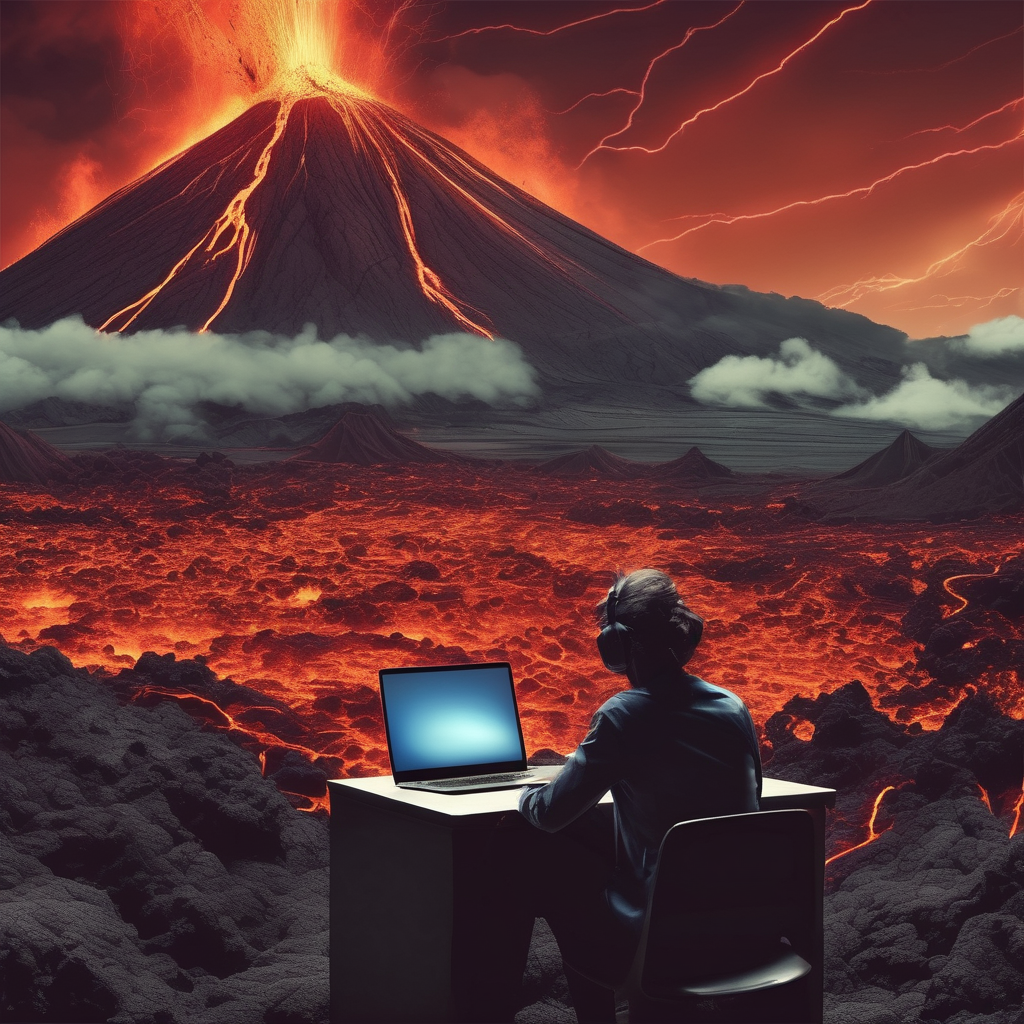 lots of people working a laptops in a studio esk office lava feild on volcano