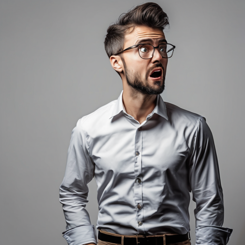 a man standing waist up wearing a office shirt looking amazed