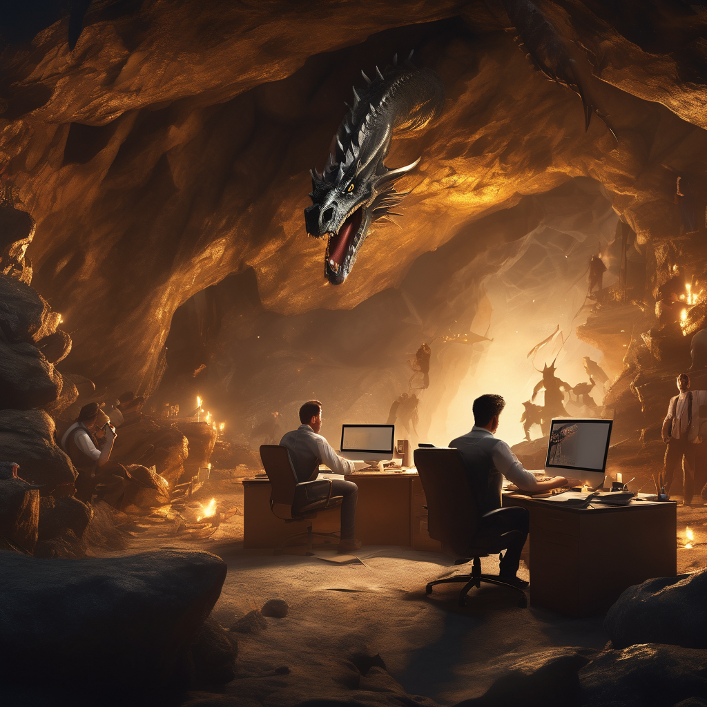 32k hd high quality photorealisticn image of people working in a office in a cave while fighting dragons