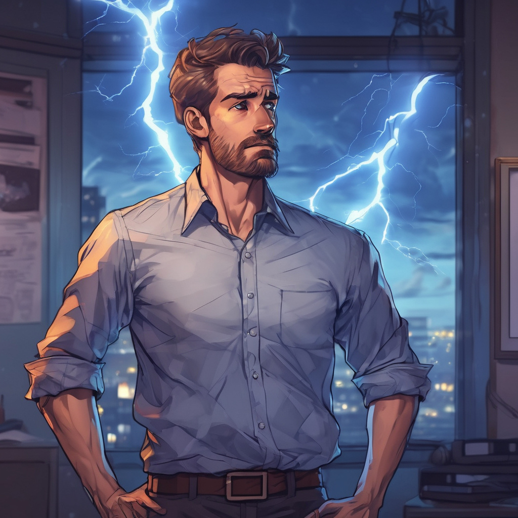 a man standing waist up wearing a office shirt looking amazed