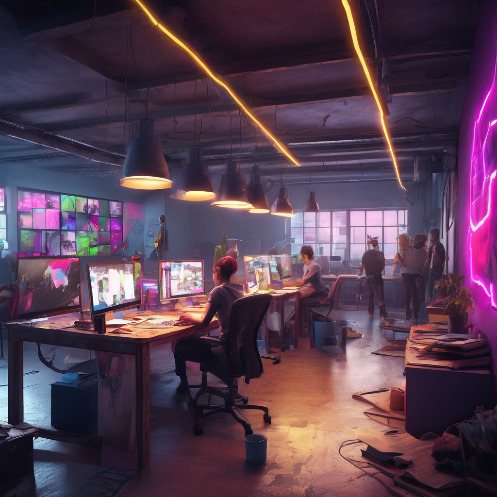 32k hd high quality photorealistic image of people working studio offic open floor plan