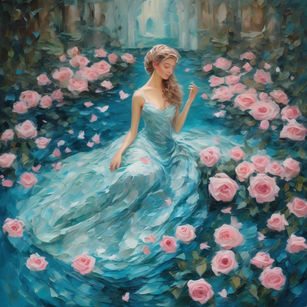 A mesmerizing impasto oil painting viewed from above, featuring a graceful princess in an enchanted palace garden. Her elegant gown, painted with thick, expressive brushstrokes, flows in layered swirls of aquamarine and soft blue, echoing the delicate ripples of a hidden royal pond. Delicate pink butterflies flutter around her, mirroring the pink petals of blooming roses scattered over a luminous mosaic walkway. Textured pebbles and intricate floral patterns form a magical tapestry beneath her, while the dynamic impasto technique adds depth and movement to the scene, encapsulating the warmth, regal elegance, and whimsical charm of a fairy-tale realm.