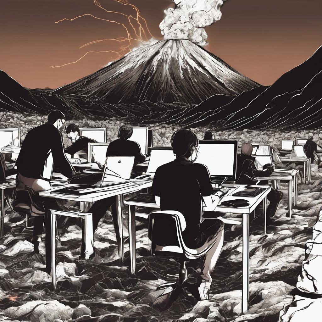 lots of people working a laptops in a studio esk office lava feild on volcano