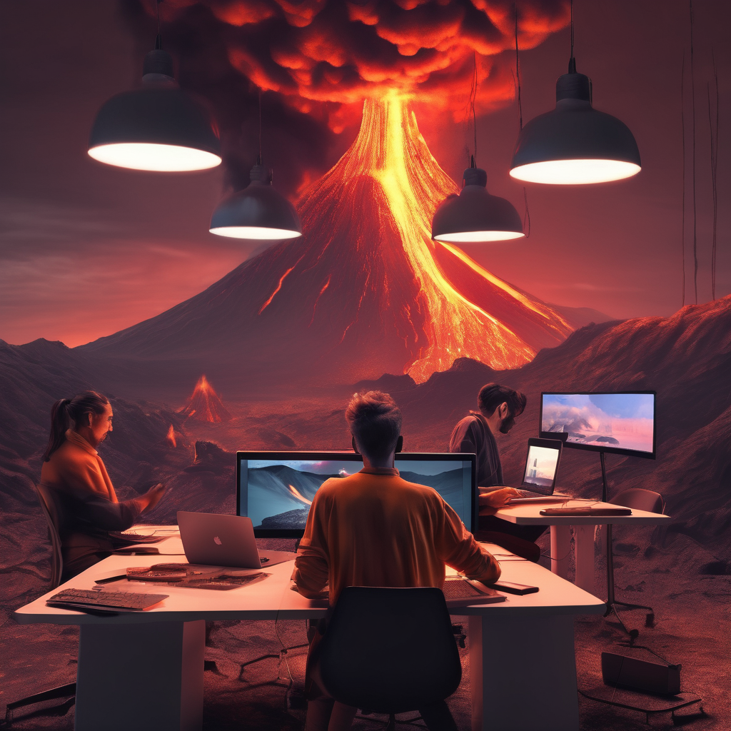 people working a laptops in a studio esk office lava feild on volcano