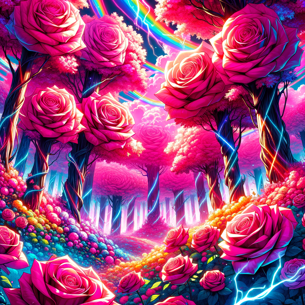 field of pink roses the size of trees in a forest