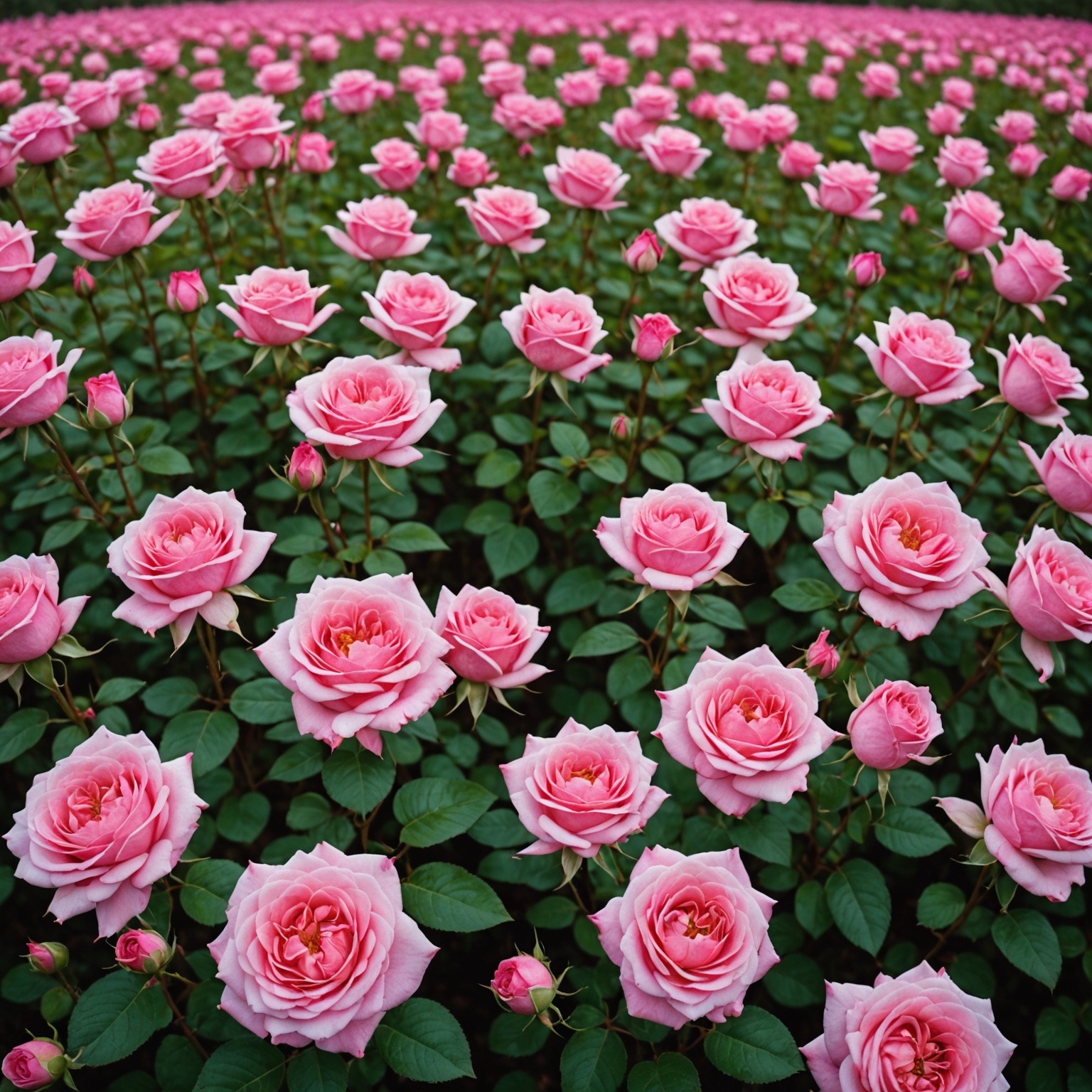 field of pink roses the size of trees in a forest