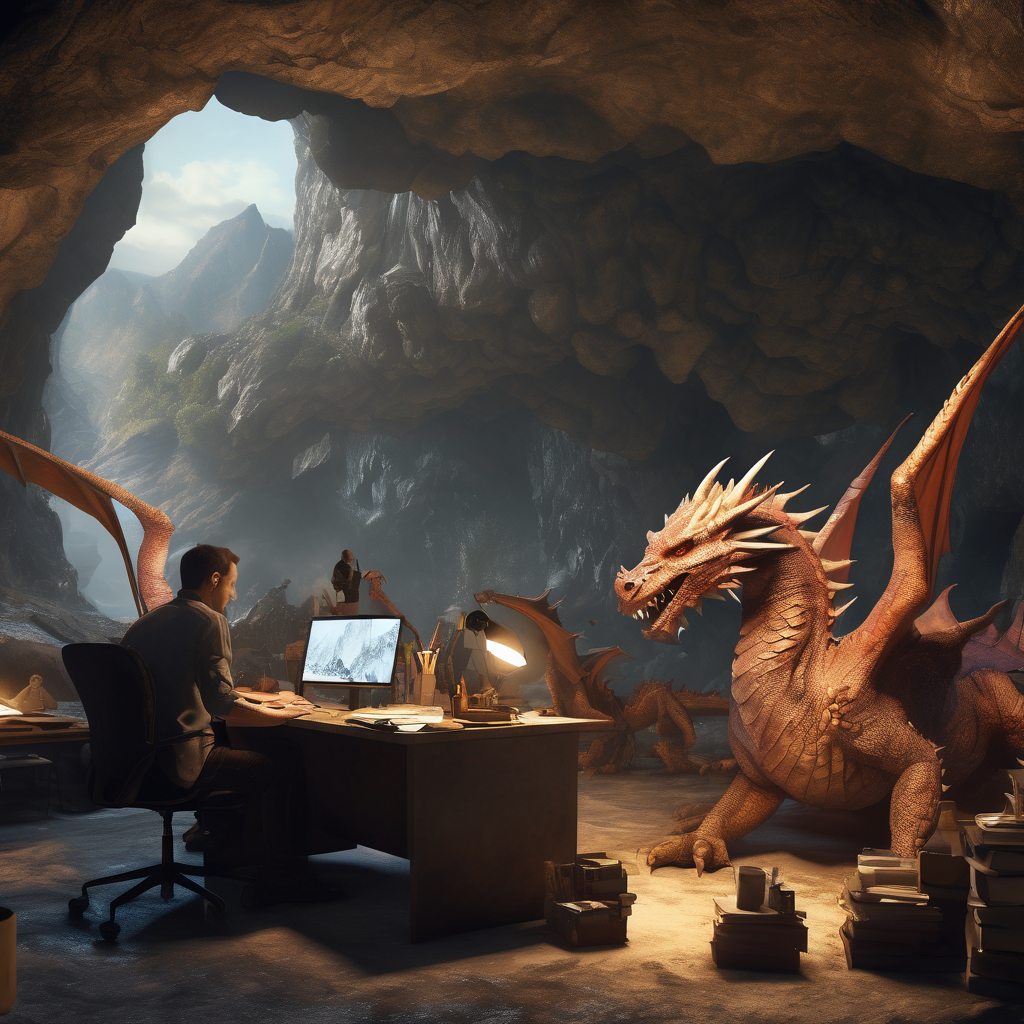 32k hd high quality photorealisticn image of people working in a office in a cave with dragons