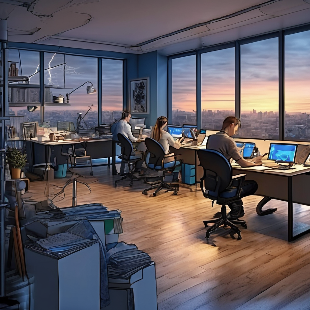 32k hd high quality photorealistic image of people working studio offic open floor plan