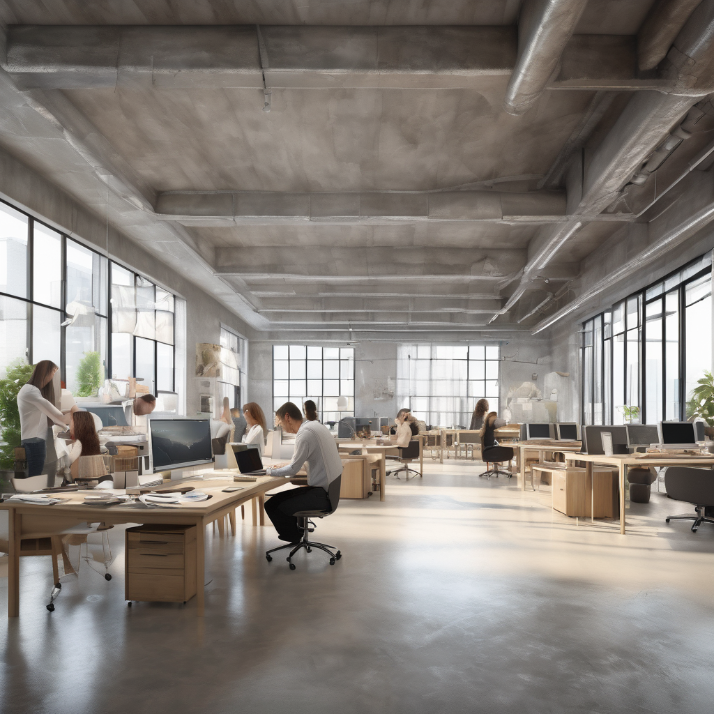 32k hd high quality photorealistic image of people working studio offic open floor plan