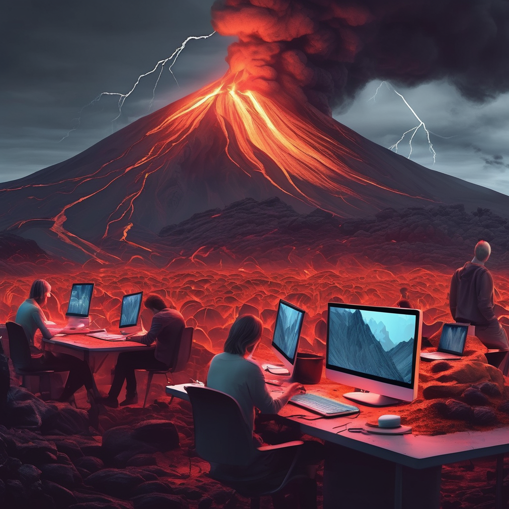 lots of people working a laptops in a studio esk office lava feild on volcano