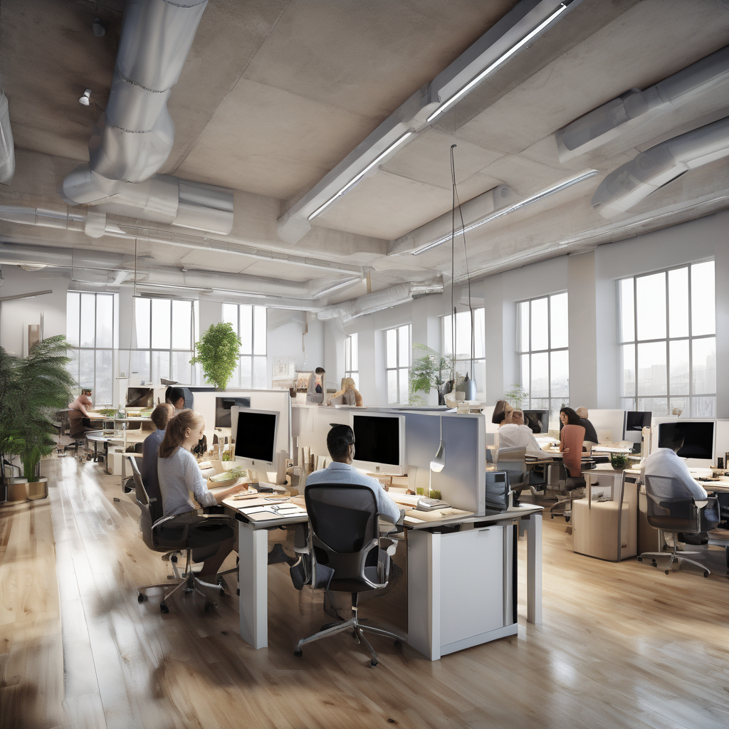 32k hd high quality photorealistic image of people working studio offic open floor plan