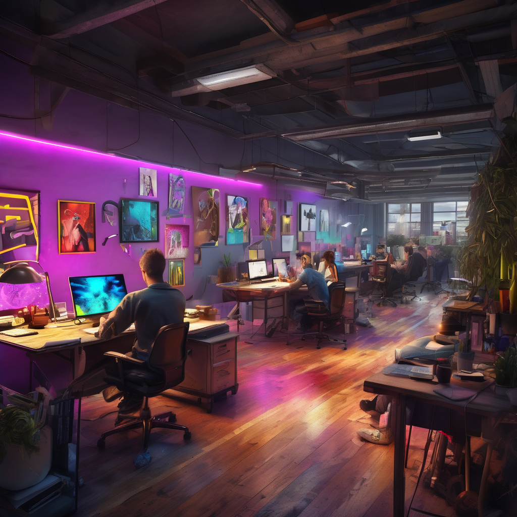 32k hd high quality photorealistic image of people working studio offic open floor plan