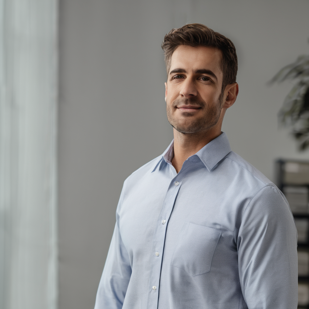 a man standing waist up wearing a office shirt