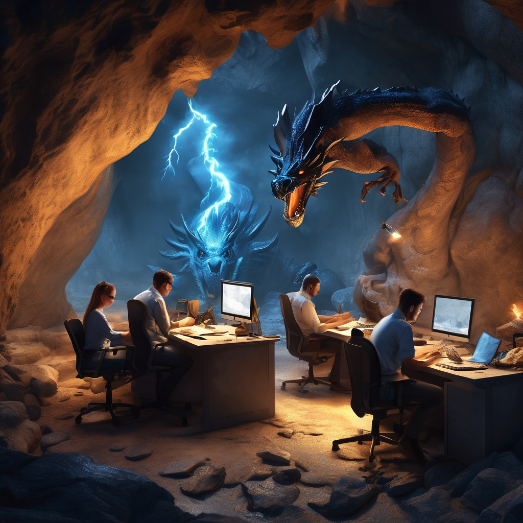 32k hd high quality photorealisticn image of people working in a office in a cave while fighting dragons