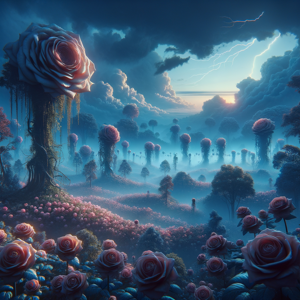 field of giant roses like a forest