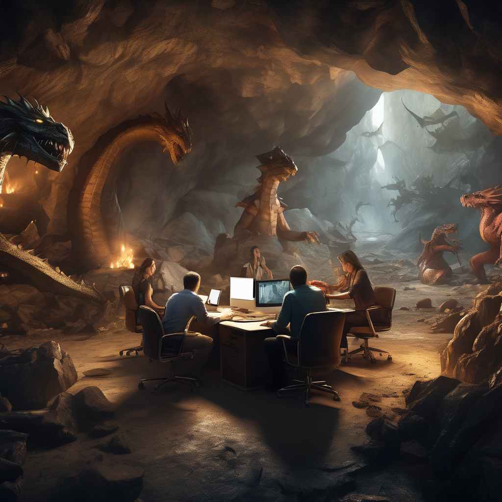 32k hd high quality photorealisticn image of people working in a office in a cave while fighting dragons