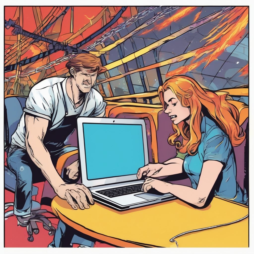 people working a laptop on a rollercoster