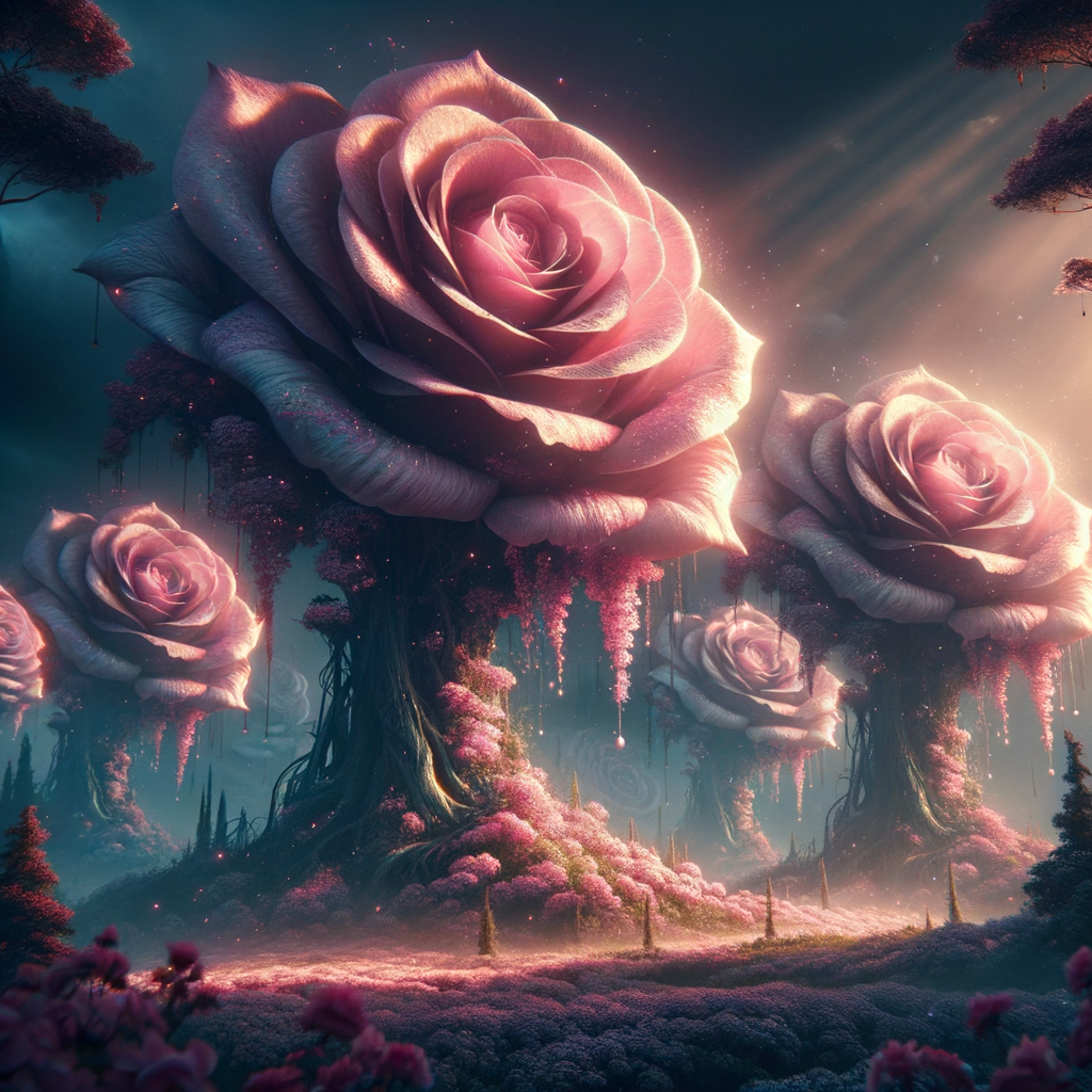 field of pink roses the size of trees in a forest