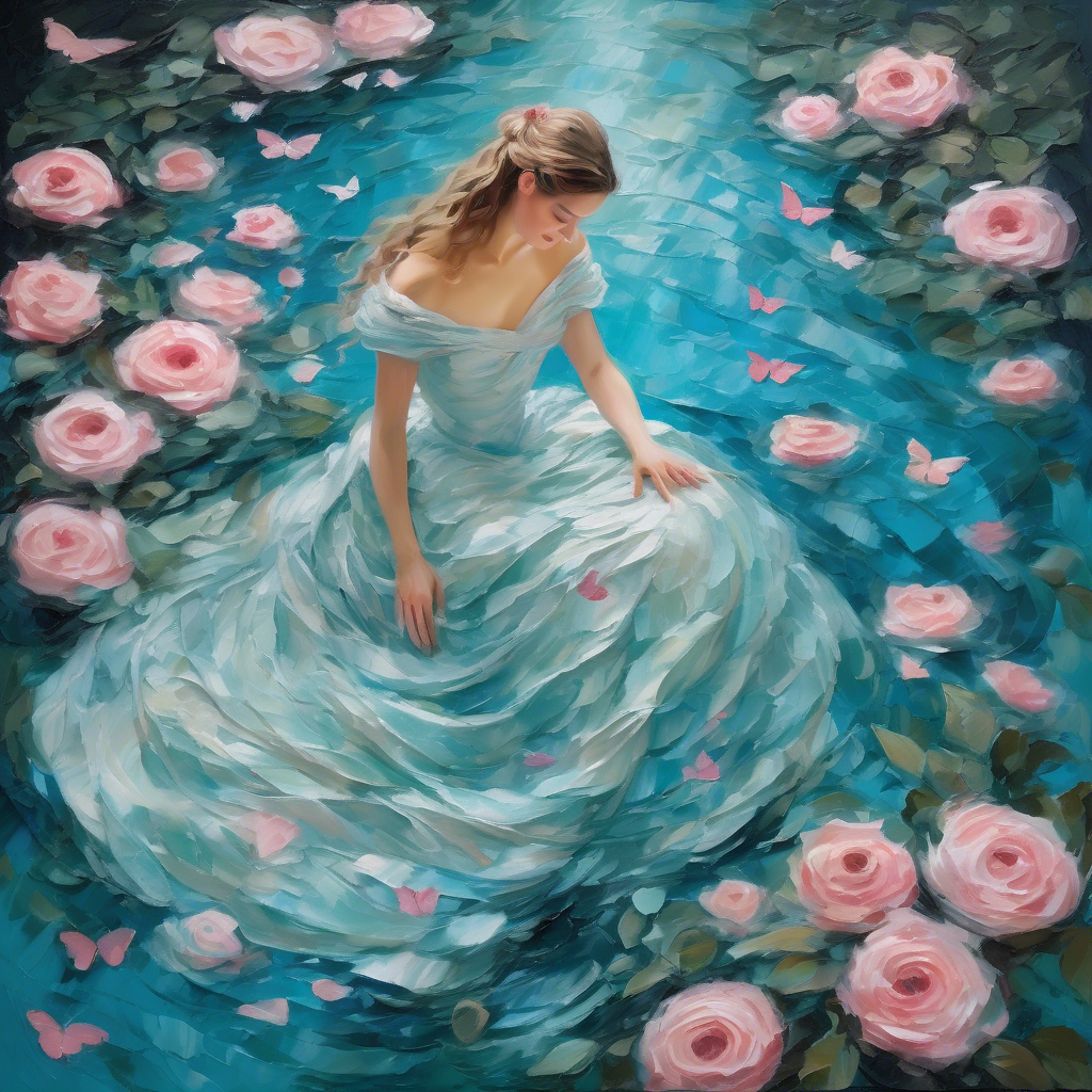 A mesmerizing impasto oil painting viewed from above, featuring a graceful princess in an enchanted palace garden. Her elegant gown, painted with thick, expressive brushstrokes, flows in layered swirls of aquamarine and soft blue, echoing the delicate ripples of a hidden royal pond. Delicate pink butterflies flutter around her, mirroring the pink petals of blooming roses scattered over a luminous mosaic walkway. Textured pebbles and intricate floral patterns form a magical tapestry beneath her, while the dynamic impasto technique adds depth and movement to the scene, encapsulating the warmth, regal elegance, and whimsical charm of a fairy-tale realm.