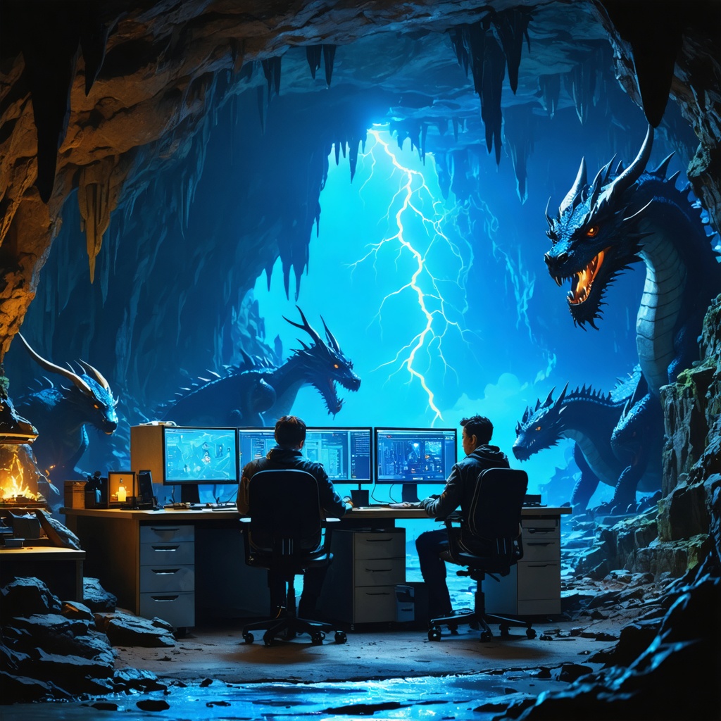 32k hd high quality photorealisticn image of people working in a office in a cave with dragons