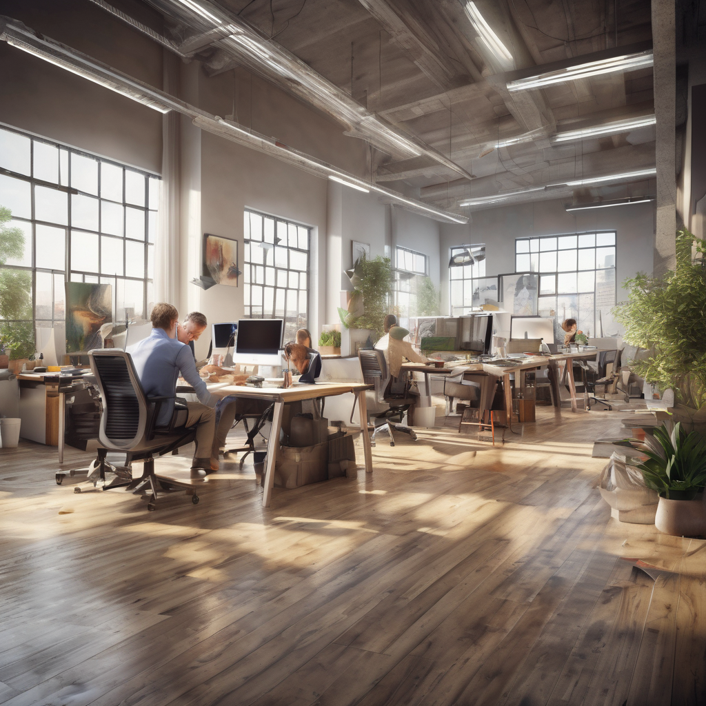 32k hd high quality photorealistic image of people working studio offic open floor plan
