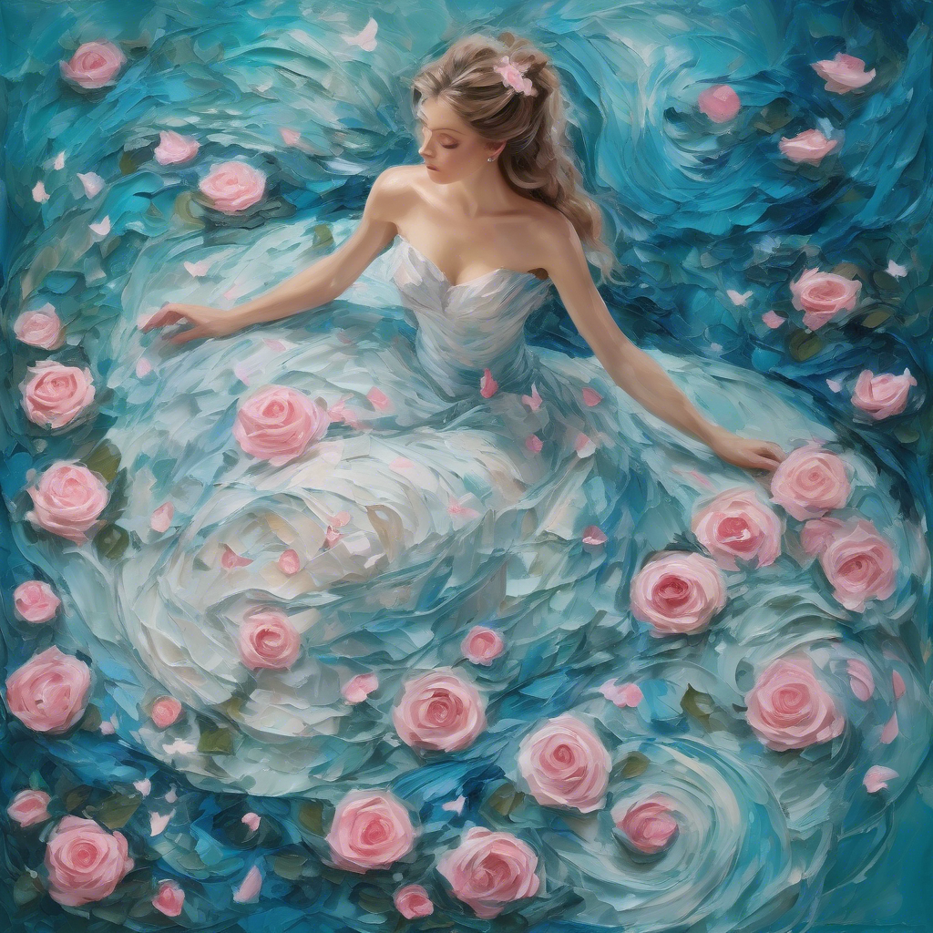 A mesmerizing impasto oil painting viewed from above, featuring a graceful princess in an enchanted palace garden. Her elegant gown, painted with thick, expressive brushstrokes, flows in layered swirls of aquamarine and soft blue, echoing the delicate ripples of a hidden royal pond. Delicate pink butterflies flutter around her, mirroring the pink petals of blooming roses scattered over a luminous mosaic walkway. Textured pebbles and intricate floral patterns form a magical tapestry beneath her, while the dynamic impasto technique adds depth and movement to the scene, encapsulating the warmth, regal elegance, and whimsical charm of a fairy-tale realm.