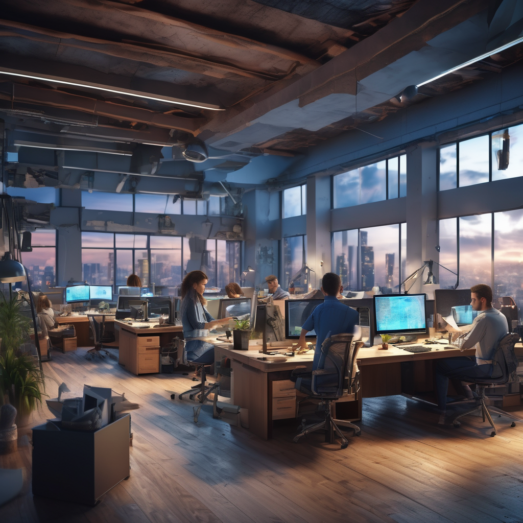 32k hd high quality photorealistic image of people working studio offic open floor plan