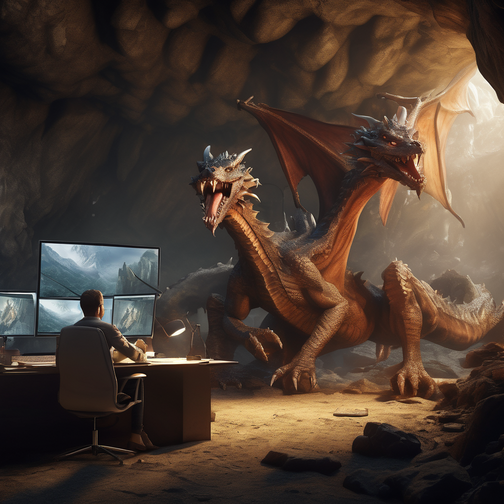 32k hd high quality photorealisticn image of people working in a office in a cave with dragons