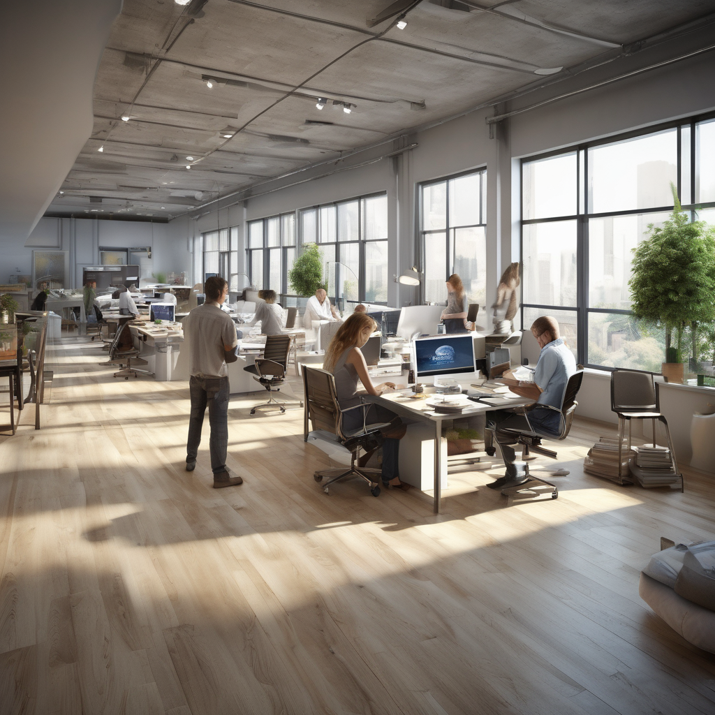 32k hd high quality photorealistic image of people working studio offic open floor plan
