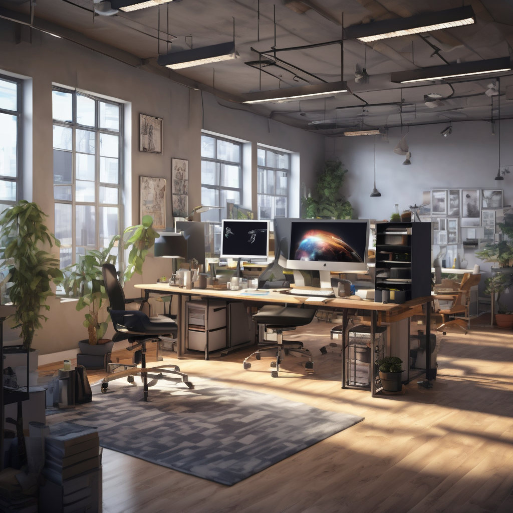 32k hd high quality photorealistic image of people working studio offic open floor plan