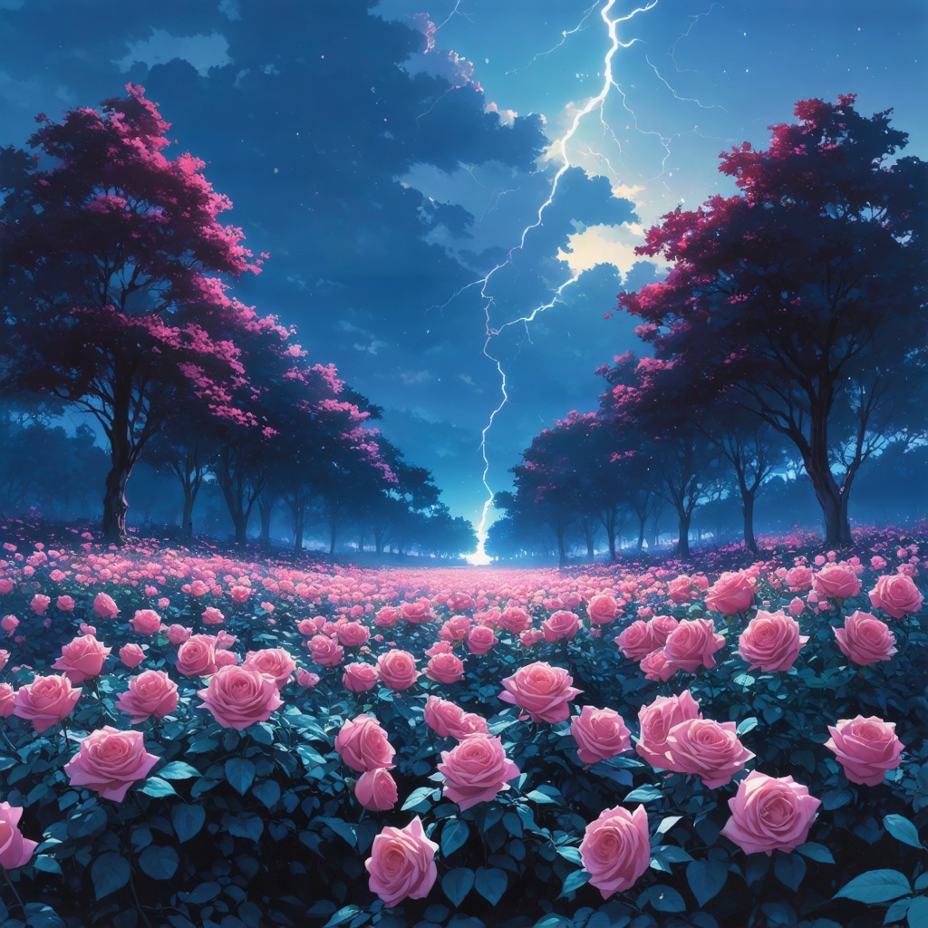 field of pink roses the size of trees in a forest