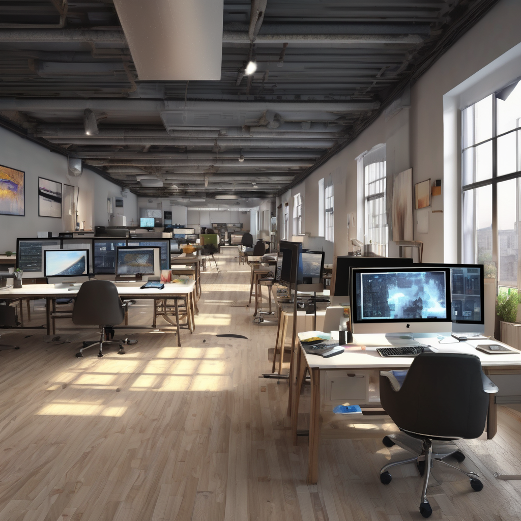 32k hd high quality photorealistic image of people working studio offic open floor plan