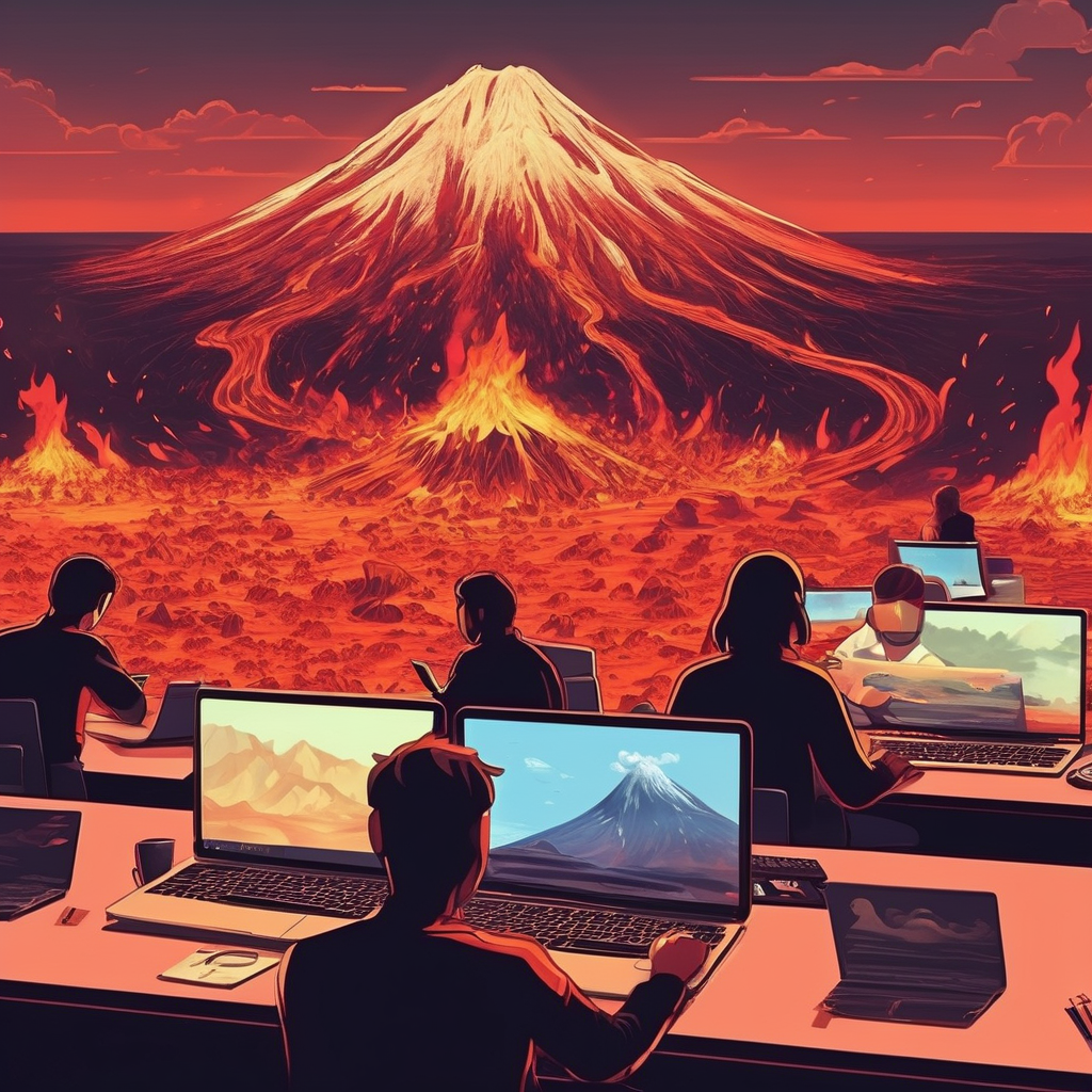 lots of people working a laptops in a studio esk office lava feild on volcano