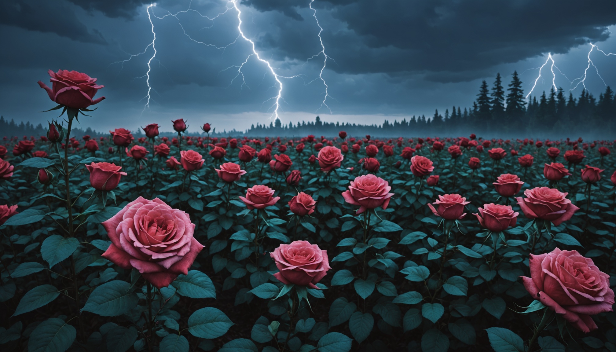 field of giant roses like a forest