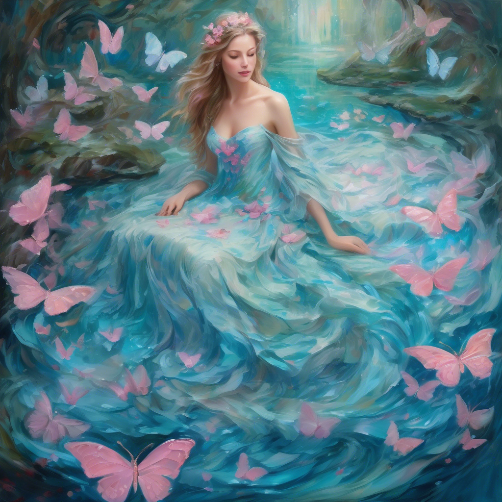 A mesmerizing impasto oil painting viewed from above, featuring a graceful princess in an enchanted palace garden. Her elegant gown, painted with thick, expressive brushstrokes, flows in layered swirls of aquamarine and soft blue, echoing the delicate ripples of a hidden royal pond. Delicate pink butterflies flutter around her, mirroring the pink petals of blooming roses scattered over a luminous mosaic walkway. Textured pebbles and intricate floral patterns form a magical tapestry beneath her, while the dynamic impasto technique adds depth and movement to the scene, encapsulating the warmth, regal elegance, and whimsical charm of a fairy-tale realm.