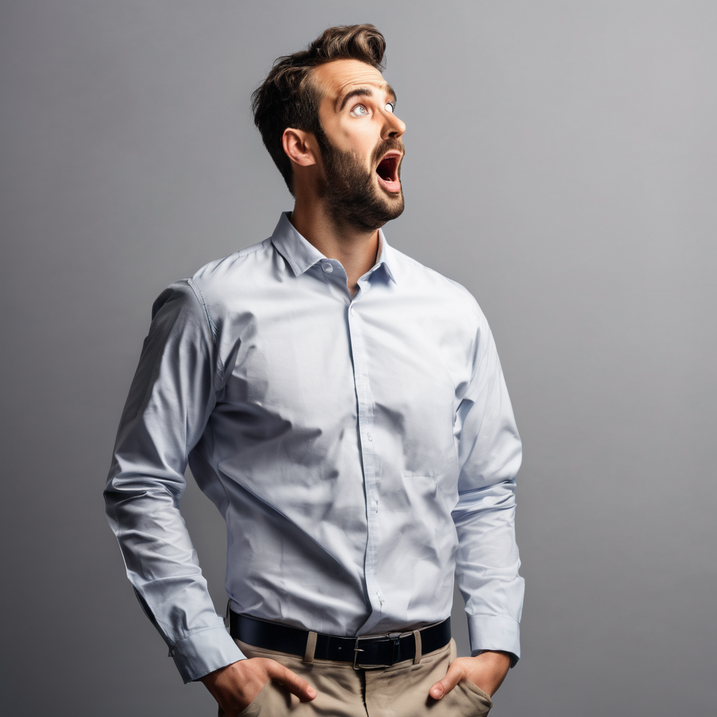 a man standing waist up wearing a office shirt looking amazed