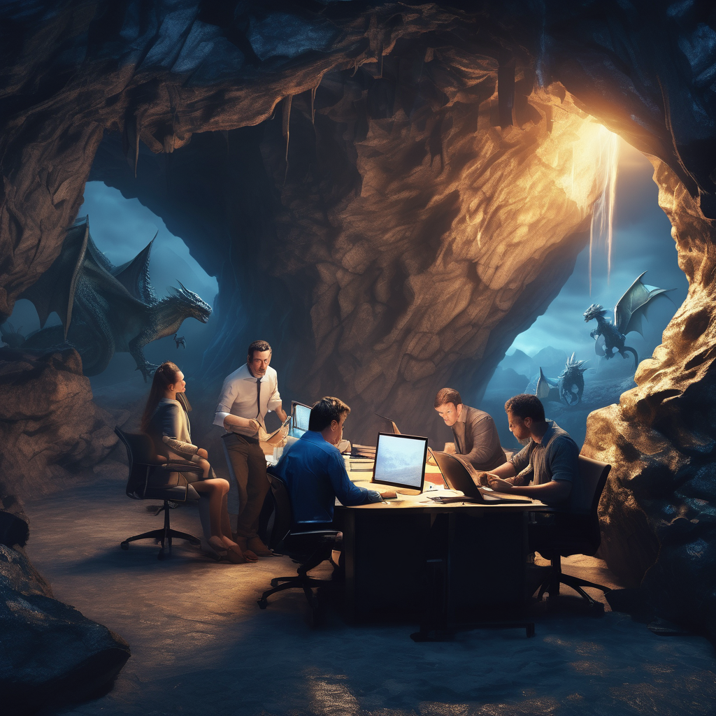 32k hd high quality photorealisticn image of people working in a office in a cave while fighting dragons