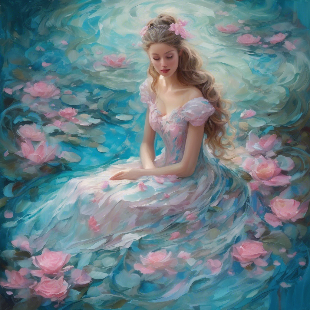 A mesmerizing impasto oil painting viewed from above, featuring a graceful princess in an enchanted palace garden. Her elegant gown, painted with thick, expressive brushstrokes, flows in layered swirls of aquamarine and soft blue, echoing the delicate ripples of a hidden royal pond. Delicate pink butterflies flutter around her, mirroring the pink petals of blooming roses scattered over a luminous mosaic walkway. Textured pebbles and intricate floral patterns form a magical tapestry beneath her, while the dynamic impasto technique adds depth and movement to the scene, encapsulating the warmth, regal elegance, and whimsical charm of a fairy-tale realm.