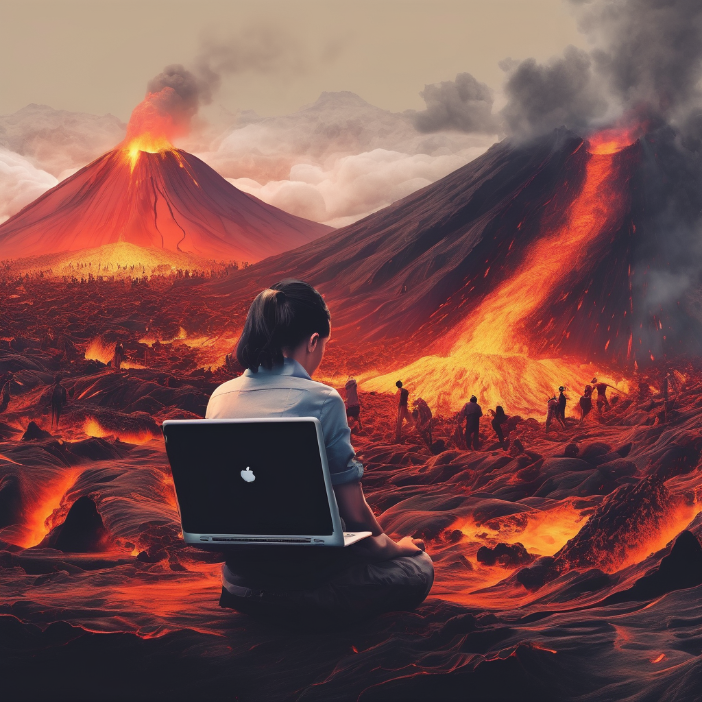 lots of people working a laptops in a studio esk office lava feild on volcano