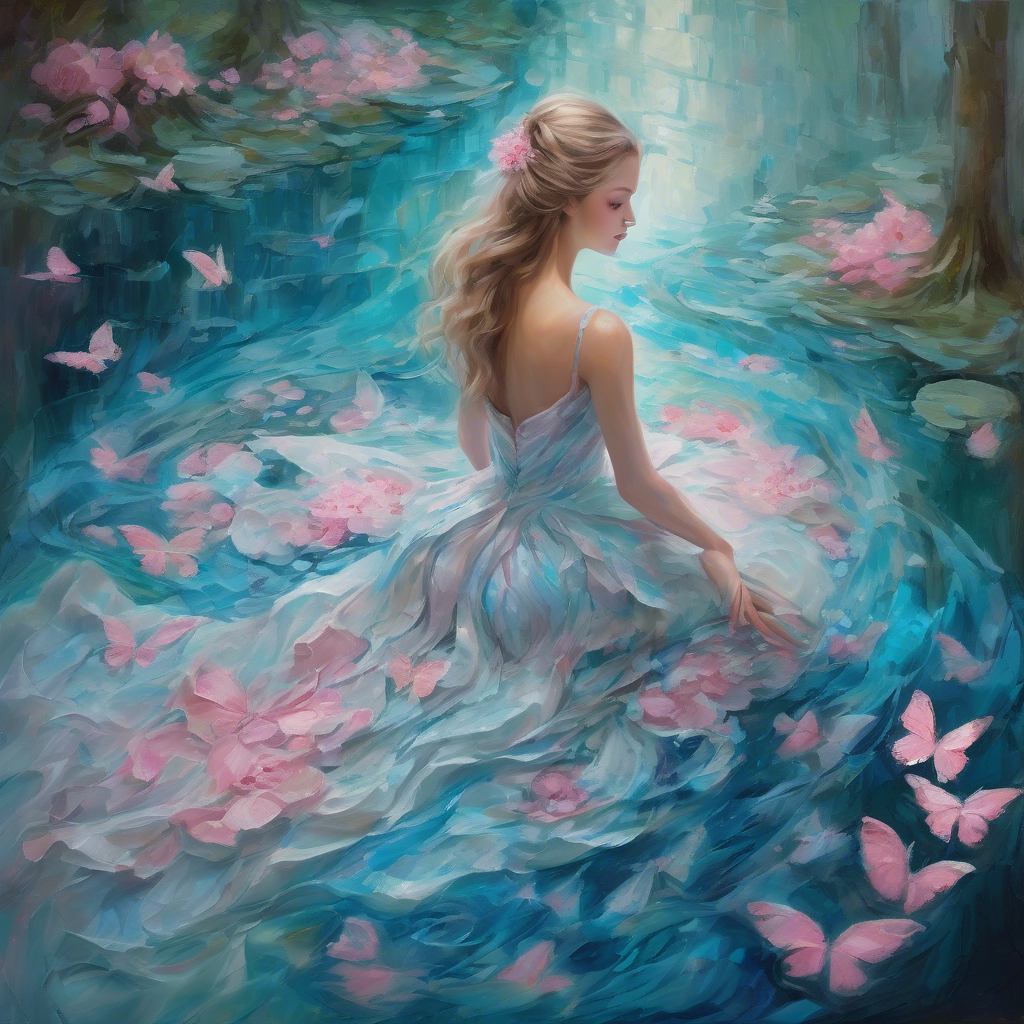 A mesmerizing impasto oil painting viewed from above, featuring a graceful princess in an enchanted palace garden. Her elegant gown, painted with thick, expressive brushstrokes, flows in layered swirls of aquamarine and soft blue, echoing the delicate ripples of a hidden royal pond. Delicate pink butterflies flutter around her, mirroring the pink petals of blooming roses scattered over a luminous mosaic walkway. Textured pebbles and intricate floral patterns form a magical tapestry beneath her, while the dynamic impasto technique adds depth and movement to the scene, encapsulating the warmth, regal elegance, and whimsical charm of a fairy-tale realm.