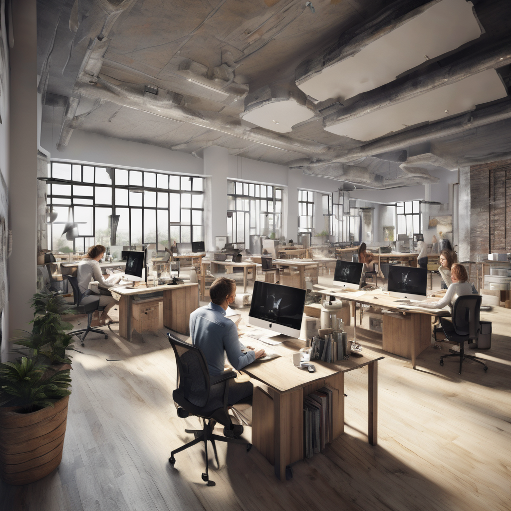 32k hd high quality photorealistic image of people working studio offic open floor plan
