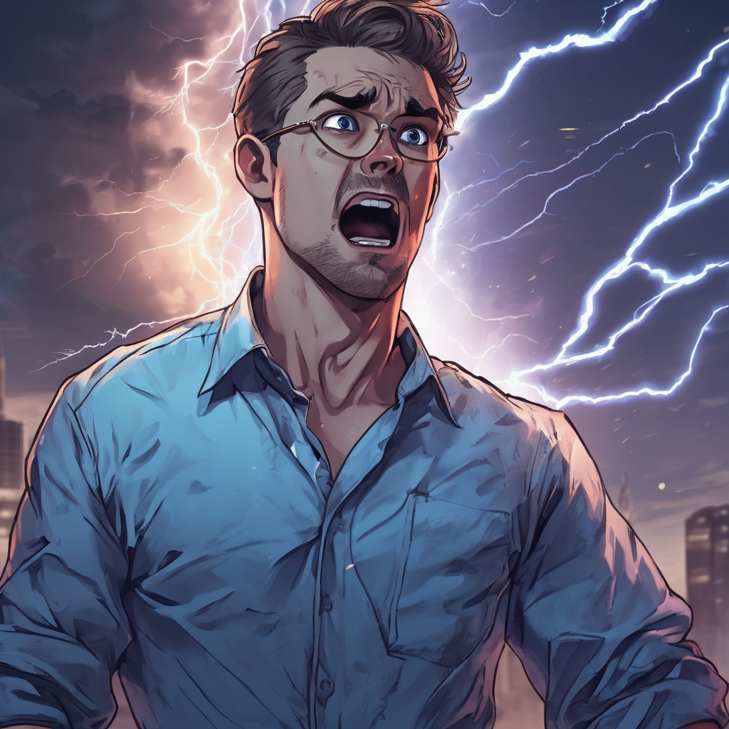 a man standing waist up wearing a office shirt looking amazed