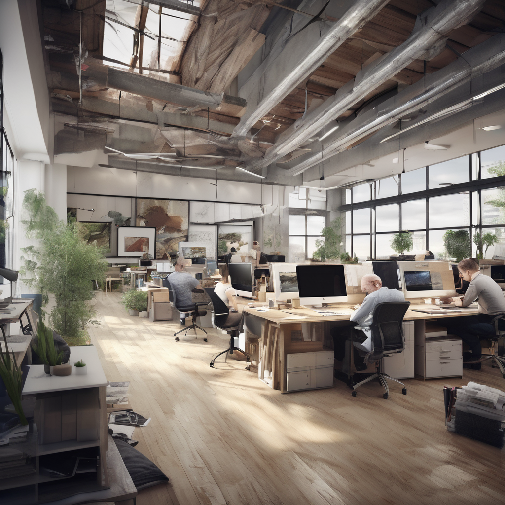 32k hd high quality photorealistic image of people working studio offic open floor plan