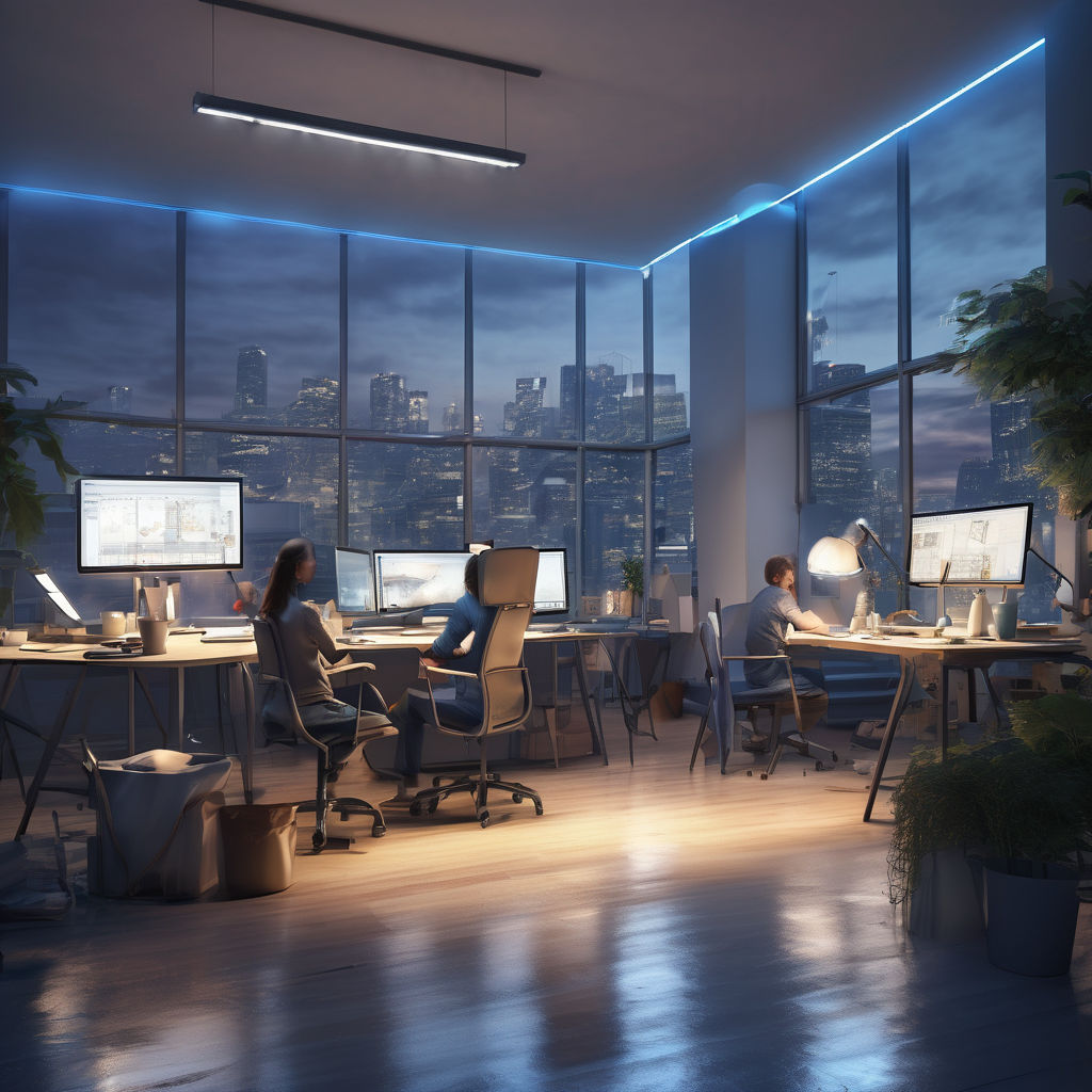 32k hd high quality photorealistic image of people working studio offic open floor plan