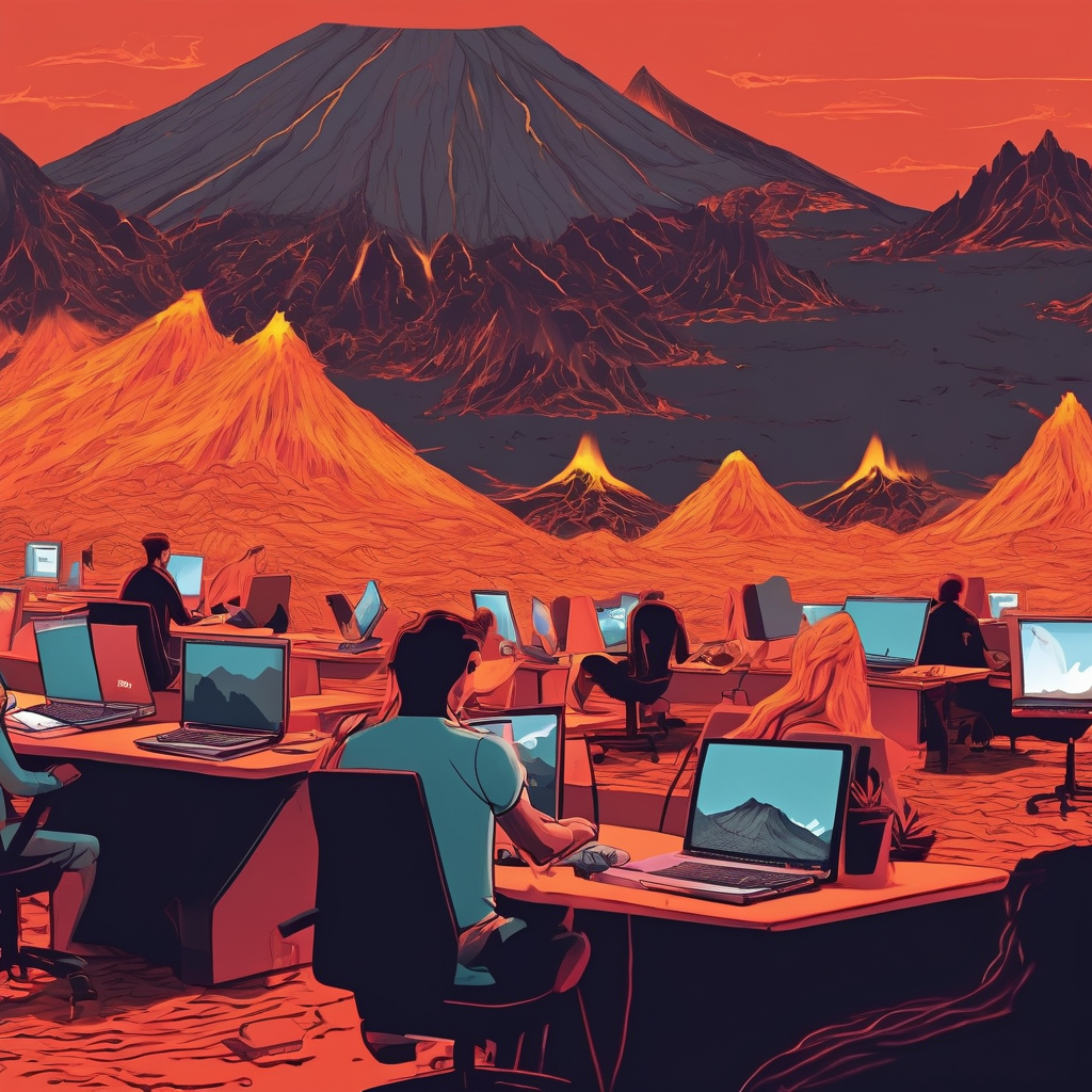 lots of people working a laptops in a studio esk office lava feild on volcano