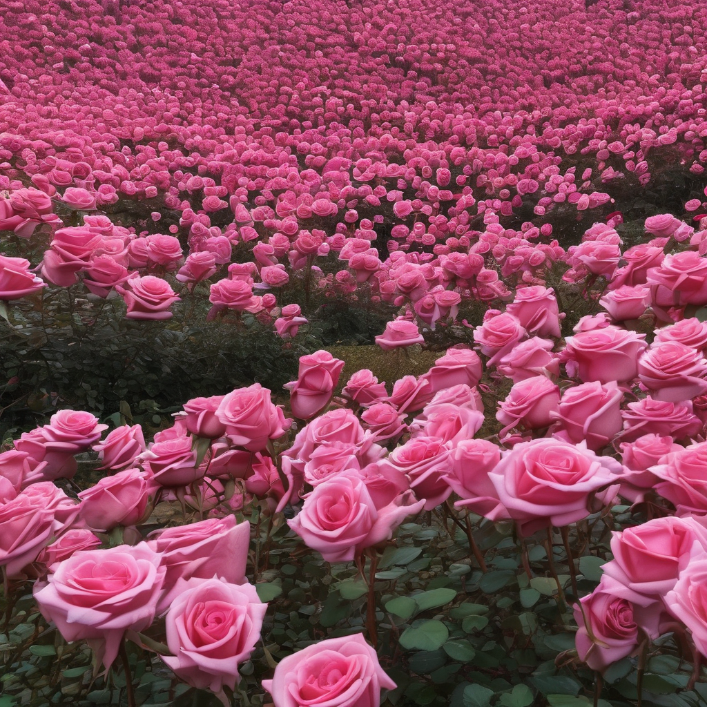 field of pink roses the size of trees in a forest