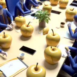 16k hd high quality photorealistic apples that work like people working in a office with people working
