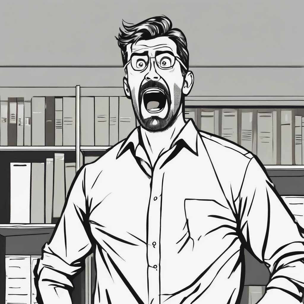 a man standing waist up wearing a office shirt looking amazed