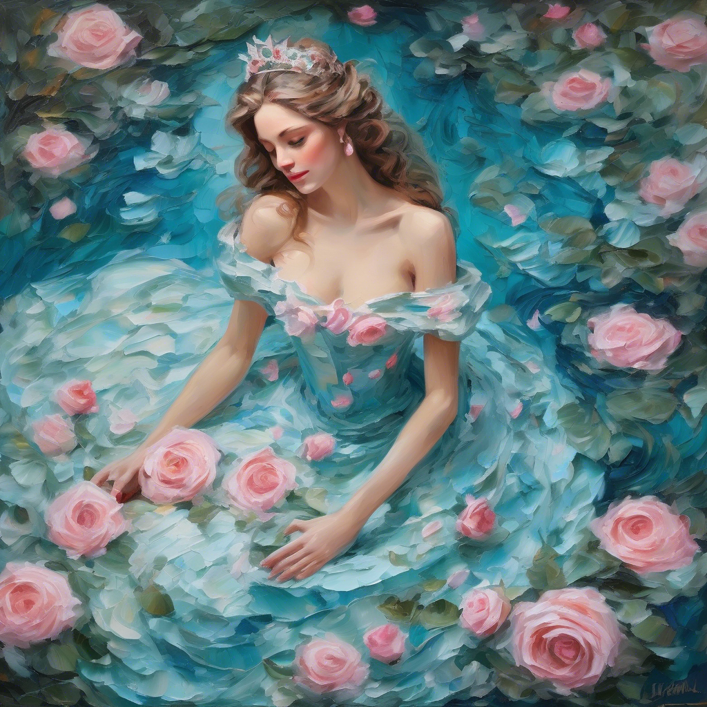 A mesmerizing impasto oil painting viewed from above, featuring a graceful princess in an enchanted palace garden. Her elegant gown, painted with thick, expressive brushstrokes, flows in layered swirls of aquamarine and soft blue, echoing the delicate ripples of a hidden royal pond. Delicate pink butterflies flutter around her, mirroring the pink petals of blooming roses scattered over a luminous mosaic walkway. Textured pebbles and intricate floral patterns form a magical tapestry beneath her, while the dynamic impasto technique adds depth and movement to the scene, encapsulating the warmth, regal elegance, and whimsical charm of a fairy-tale realm.